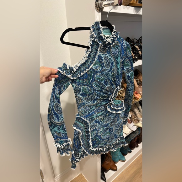 ZIMMERMANN MONCUR RUFFLE NECK MINI DRESS IN AQUA PAISLEY - Picture 2 of 4